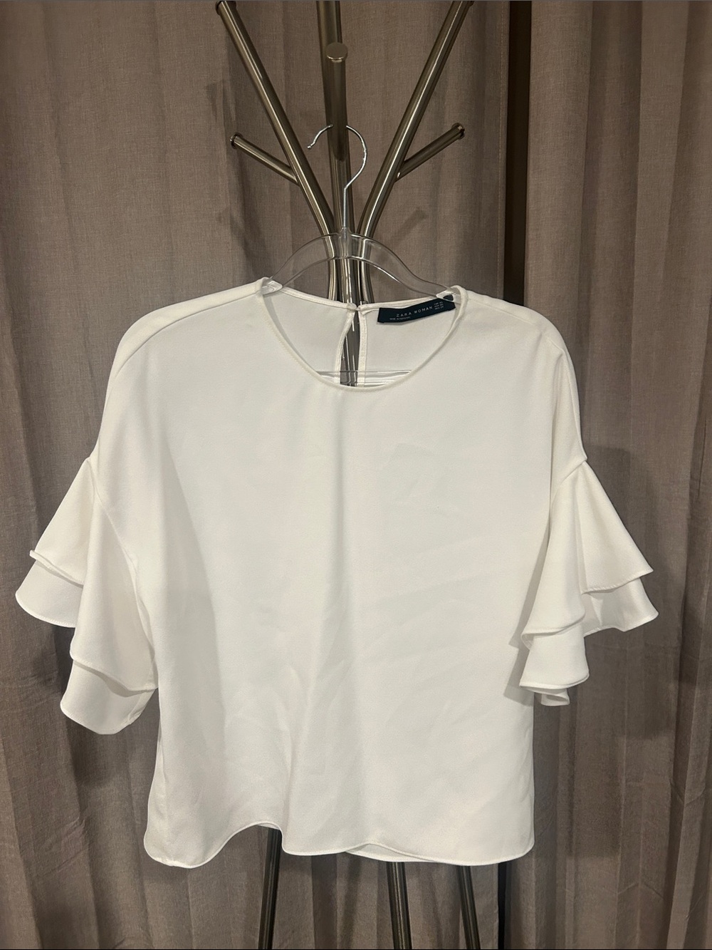 Zara White Ruffle Sleeve Round-Neck Blouse